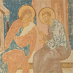 Ласкание Марии. Изображены сидящие на ступеньках дома Анна с новорожденной дочерью на руках и Иоаким, которые ласкают Марию и поклоняются ей.
