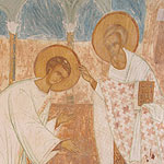 Поставление святителя Николая во диакона. Юношу Николая, облаченного в стихарь, благословляет святитель в фелони; сзади стоит диакон с кадилом.